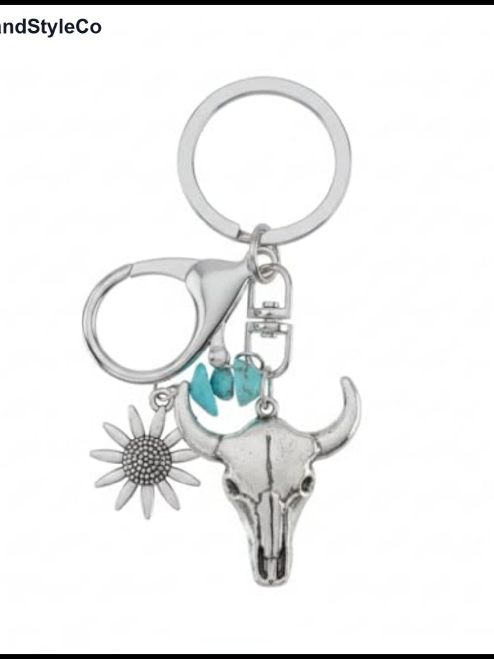 Western Cow Skull Keychain Bag Charm Daisy Turquoise Beads Keyring